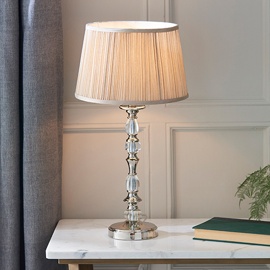 Polina Medium Table Lamp In Nickel With Beige Shade