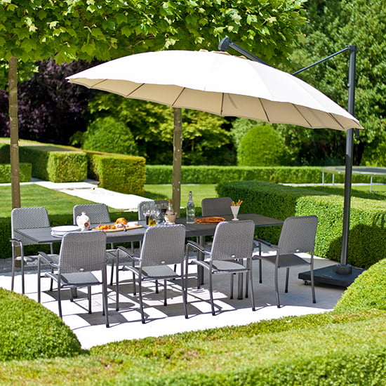 Prats Extending Dining Table 8 Armchairs Parasol In Charcoal Prats Extending Dining Table 8 Armchairs Parasol In Charcoal