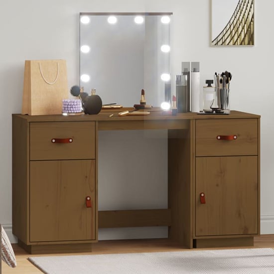 Quella Pinewood Dressing Table In Honey Brown With LED Lights Quella Pinewood Dressing Table In Honey Brown With LED Lights