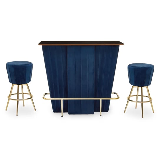 Schaumburg Wooden Bar Table With 2 Midnight Blue Velvet Stools Schaumburg Wooden Bar Table With 2 Midnight Blue Velvet Stools
