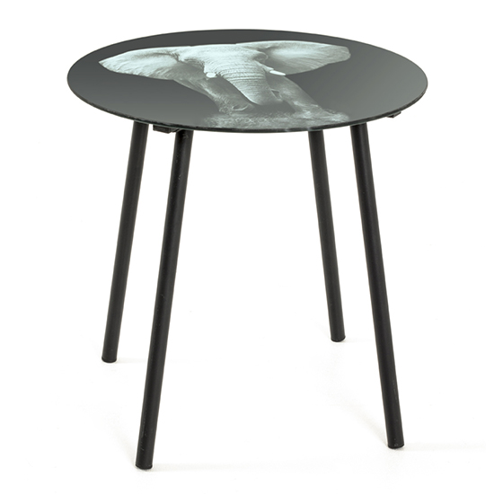 Simons Glass Side Table In Elephant Print With Black Metal Legs Simons Glass Side Table In Elephant Print With Black Metal Legs