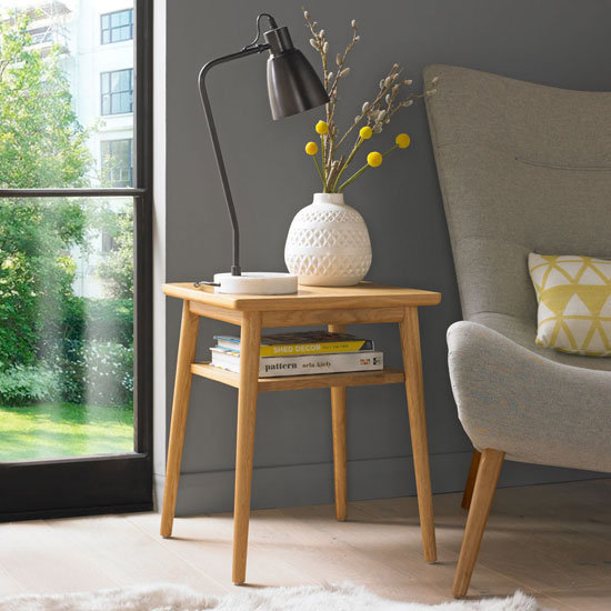 Skier Wooden Lamp Table In Light Solid Oak With Shelf