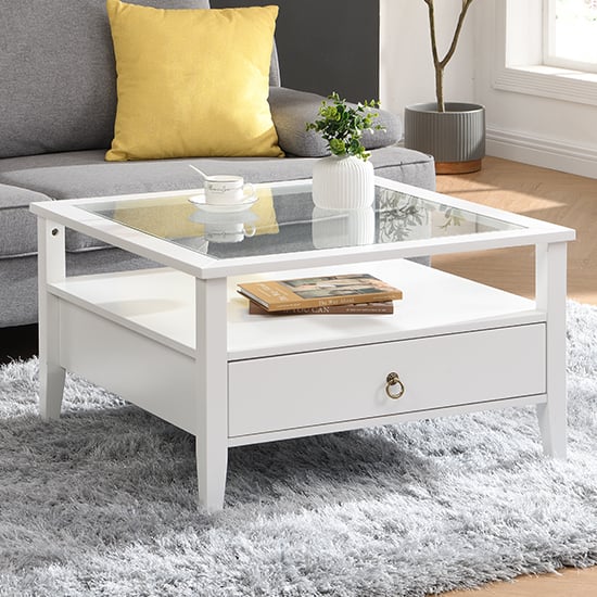 Stanley Square Glass Coffee Table With 2 Drawers In White Stanley Square Glass Coffee Table With 2 Drawers In White