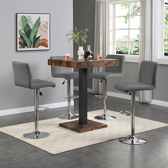 Topaz Smoked Oak Wooden Bar Table With 4 Coco Grey Stools Topaz Smoked Oak Wooden Bar Table With 4 Coco Grey Stools