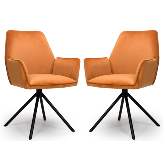 Utica Brunt Orange Carver Velvet Dining Chairs In Pair