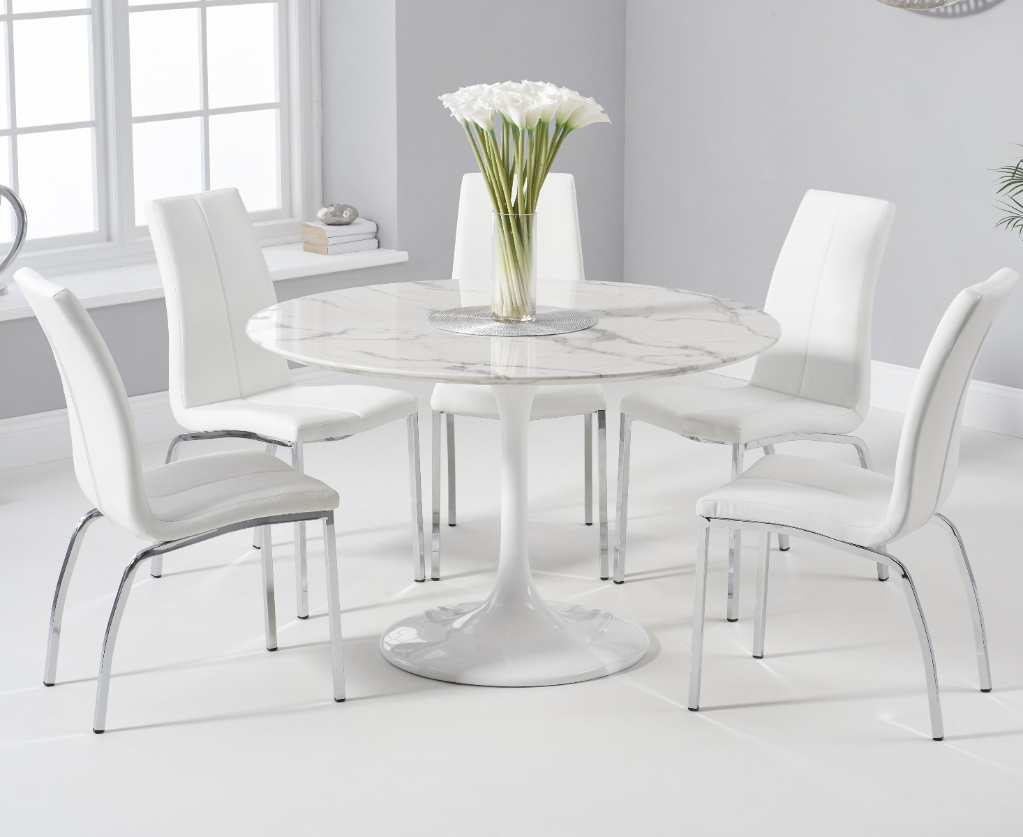 Brighton 120cm Round White Marble Dining Table With 2 Black Marco Dining Chairs Brighton 120cm Round White Marble Dining Table With 2 Black Marco Dining Chairs