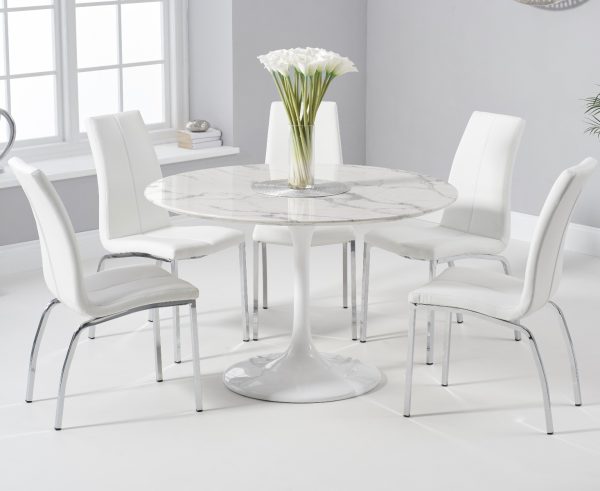 Brighton 120cm Round White Marble Dining Table With 4 Grey Marco Dining Chairs