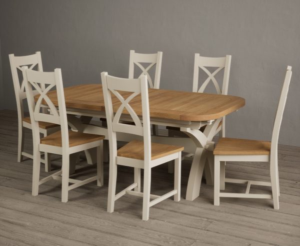 Extending Atlas 180cm Oak and Cream Dining Table With 6 Light Grey X Back Chairs