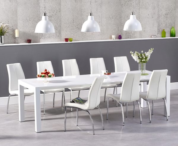 Extending Cleveland White High Gloss Dining Table with 12 Ivory White Marco Chairs