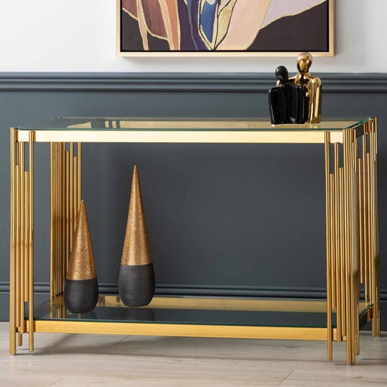 Calvi Clear Glass Console Table In Gold Stainless Steel Tubes Calvi Clear Glass Console Table In Gold Stainless Steel Tubes