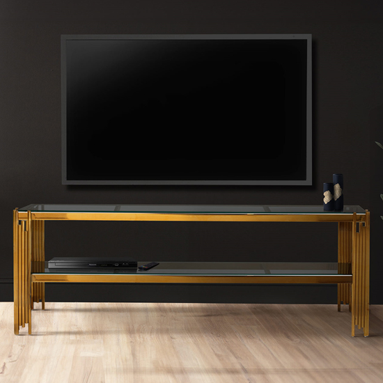 Calvi Clear Glass TV Stand With Undershelf In Gold Steel Tubes