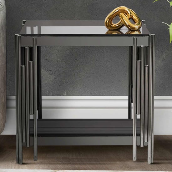 Calvi Smoked Glass End Table In Black Gunmetal Steel Tubes