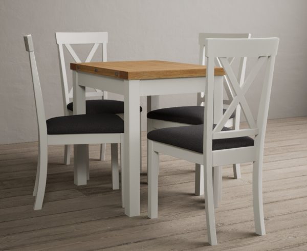 Hadleigh Oak and Signal White Painted Extending Dining Table with 4 Light Grey Hertford Chairs