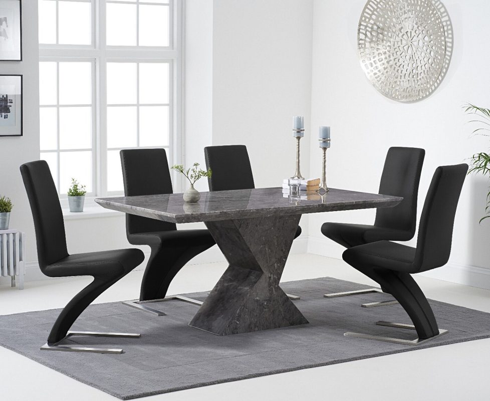 Aaron 160cm Grey Marble Dining Table With 4 Black Aldo Chairs