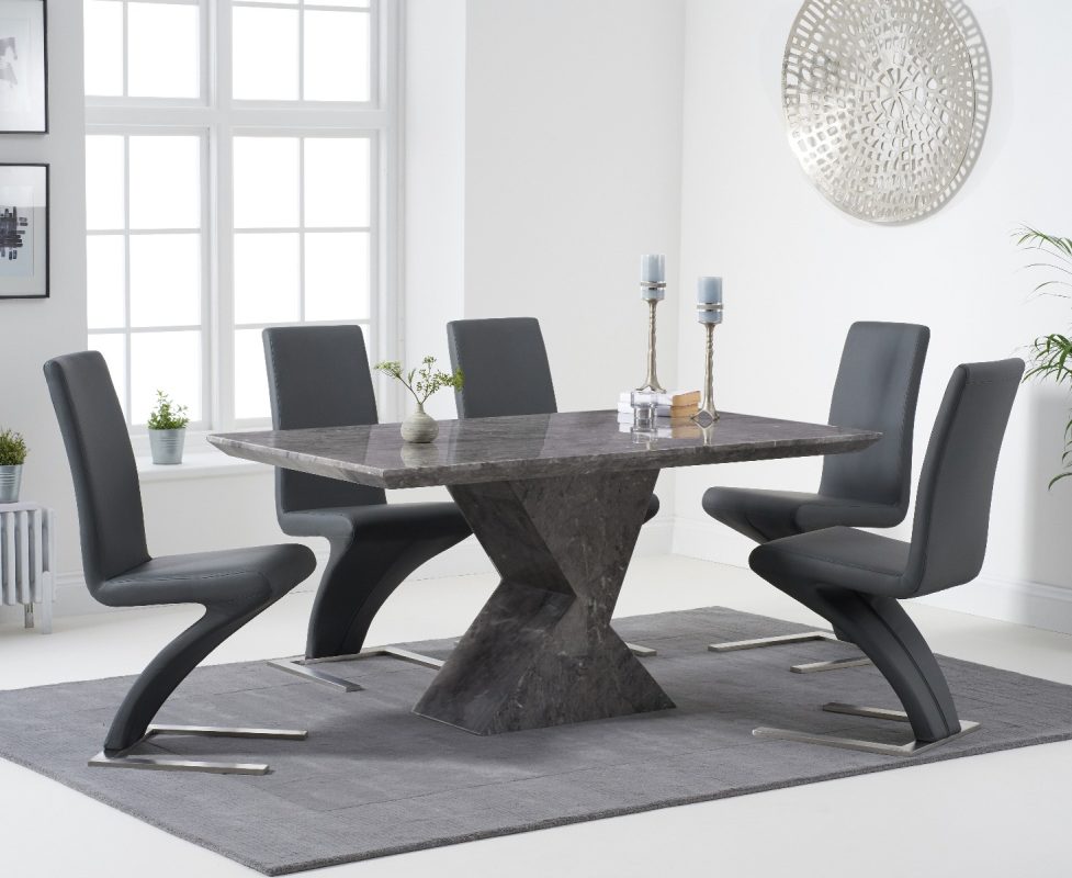 Aaron 160cm Grey Marble Dining Table With 6 Grey Aldo Chairs