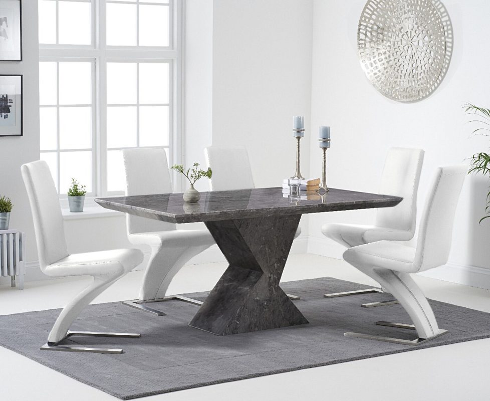 Aaron 160cm Grey Marble Dining Table With 6 White Aldo Chairs