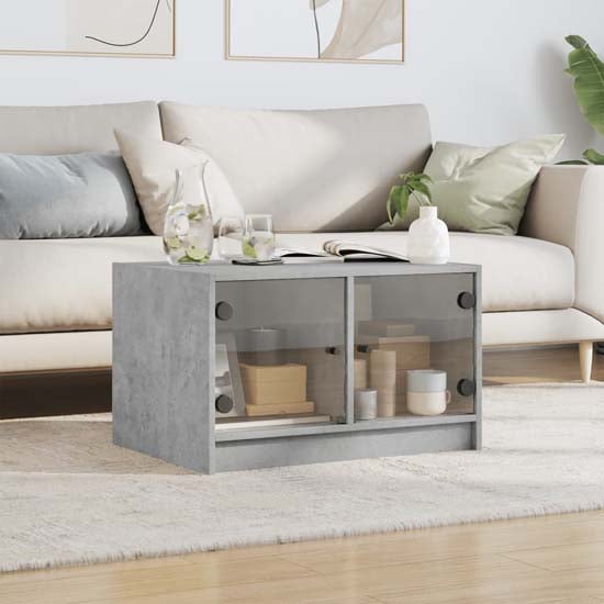 Avila Wooden Coffee Table With 2 Glass Doors In Concrete Effect Avila Wooden Coffee Table With 2 Glass Doors In Concrete Effect