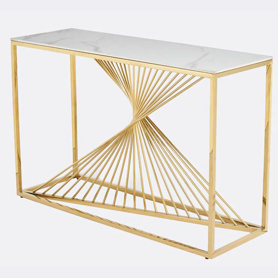 Carpi Sintered Stone Console Table In White With Gold Frame
