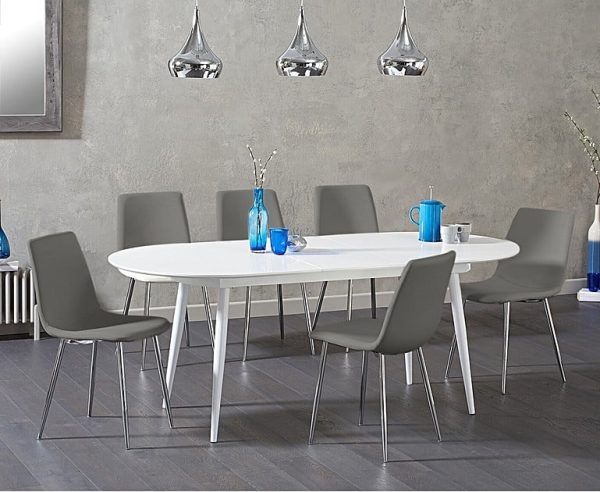 Extending Veneti White High Gloss Dining Table With 6 Grey Astrid Faux Leather Chairs