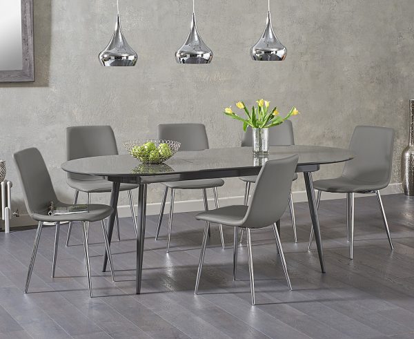 Olivia Extending Dark Grey High Gloss Dining Table With 6 Grey Astrid Faux Leather Chairs