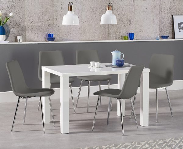 Seattle 120cm White High Gloss Dining Table With 4 Grey Astrid Faux Leather Chairs