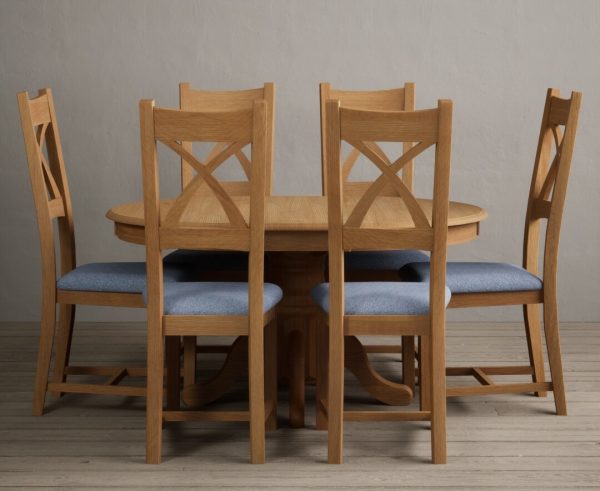 Extending Hertford 100cm - 130cm Solid Oak Pedestal Dining Table With 4 Blue X Back Chairs