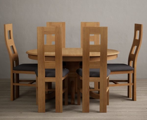 Extending Hertford 100cm - 130cm Solid Oak Pedestal Dining Table With 4 Charcoal Grey Flow Back Chairs