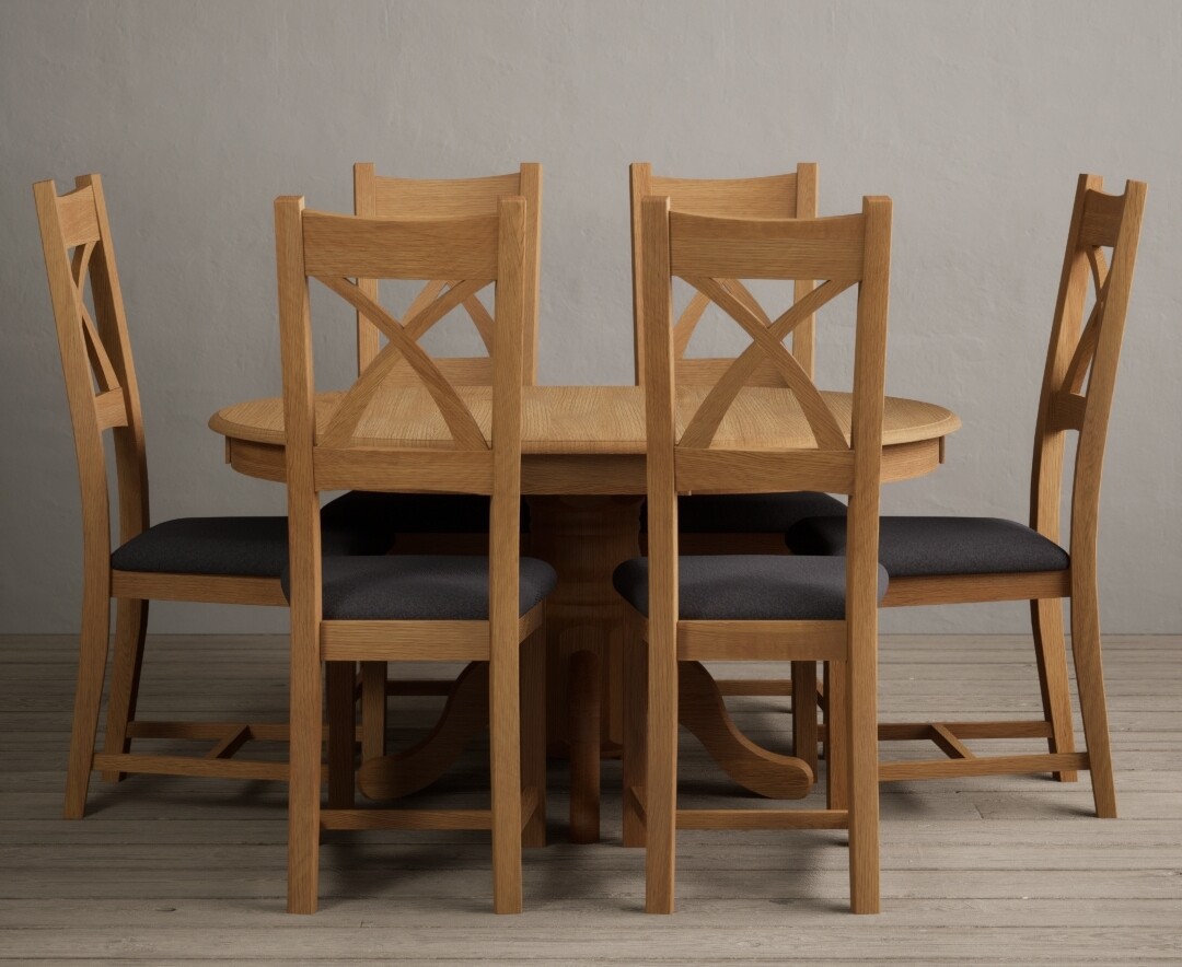 Extending Hertford 100cm - 130cm Solid Oak Pedestal Dining Table With 4 Charcoal Grey X Back Chairs Extending Hertford 100cm - 130cm Solid Oak Pedestal Dining Table With 4 Charcoal Grey X Back Chairs