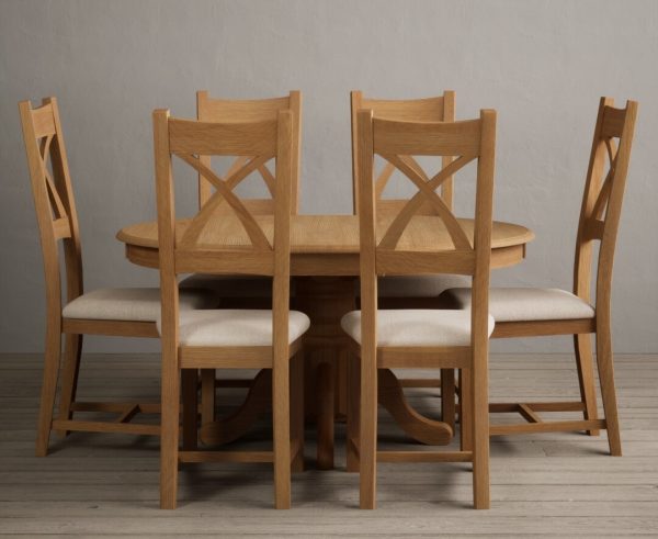 Extending Hertford 100cm - 130cm Solid Oak Pedestal Dining Table With 4 Light Grey X Back Chairs