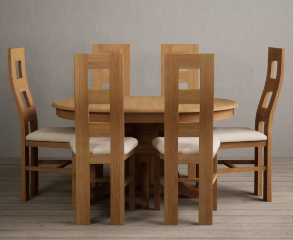 Extending Hertford 100cm - 130cm Solid Oak Pedestal Dining Table With 4 Linen Flow Back Chairs