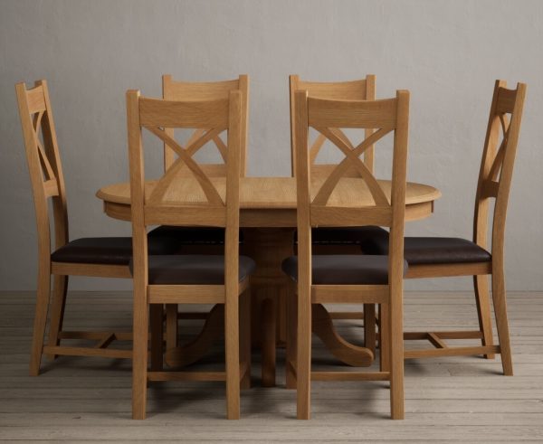 Extending Hertford 100cm - 130cm Solid Oak Pedestal Dining Table With 6 Light Grey X Back Chairs