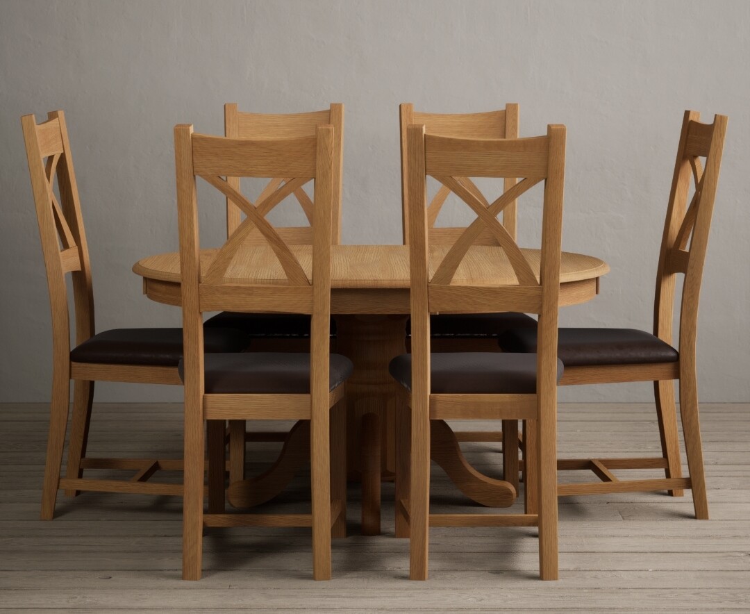 Extending Hertford 100cm - 130cm Solid Oak Pedestal Dining Table With 6 Light Grey X Back Chairs Extending Hertford 100cm - 130cm Solid Oak Pedestal Dining Table With 6 Light Grey X Back Chairs