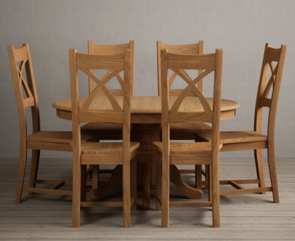 Extending Hertford 100cm - 130cm Solid Oak Pedestal Dining Table With 6 Light Grey X Back Chairs