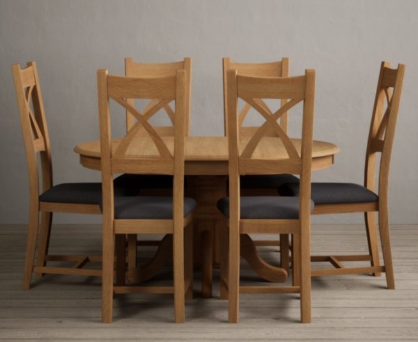 Extending Hertford 100cm - 130cm Solid Oak Pedestal Dining Table With 6 Linen X Back Chairs