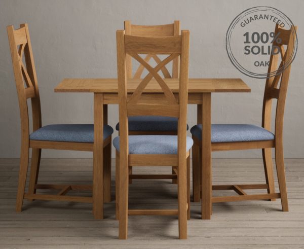 Extending York 70cm Solid Oak Dining Table With 2 Blue X Back Chairs