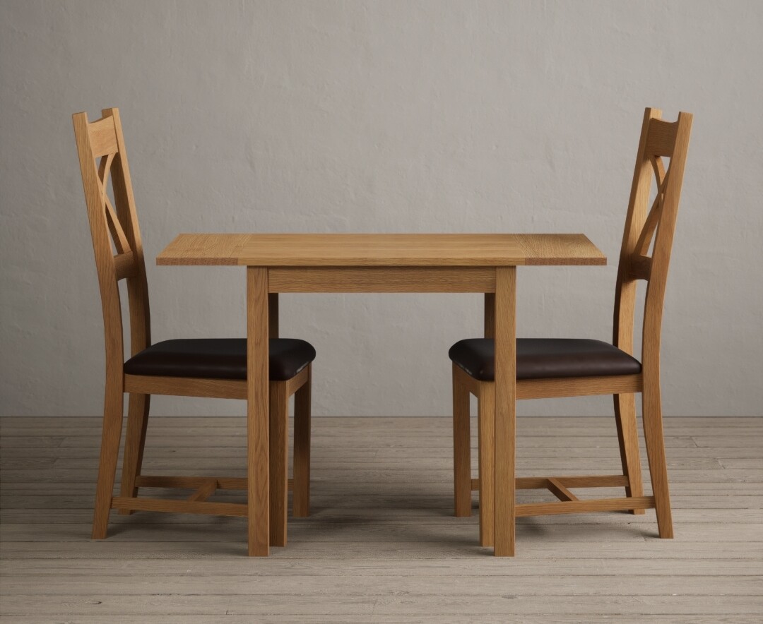 Extending York 70cm Solid Oak Dining Table With 2 Brown X Back Chairs Extending York 70cm Solid Oak Dining Table With 2 Brown X Back Chairs