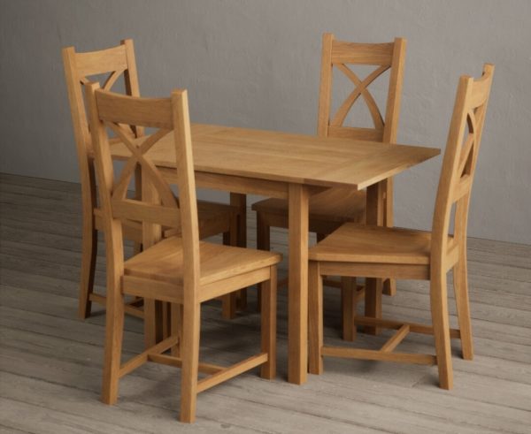 Extending York 70cm Solid Oak Dining Table With 4 Brown X Back Chairs