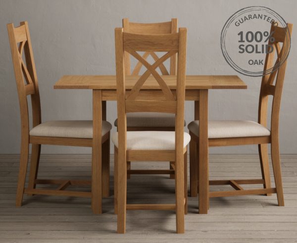 Extending York 70cm Solid Oak Dining Table With 4 Linen X Back Chairs