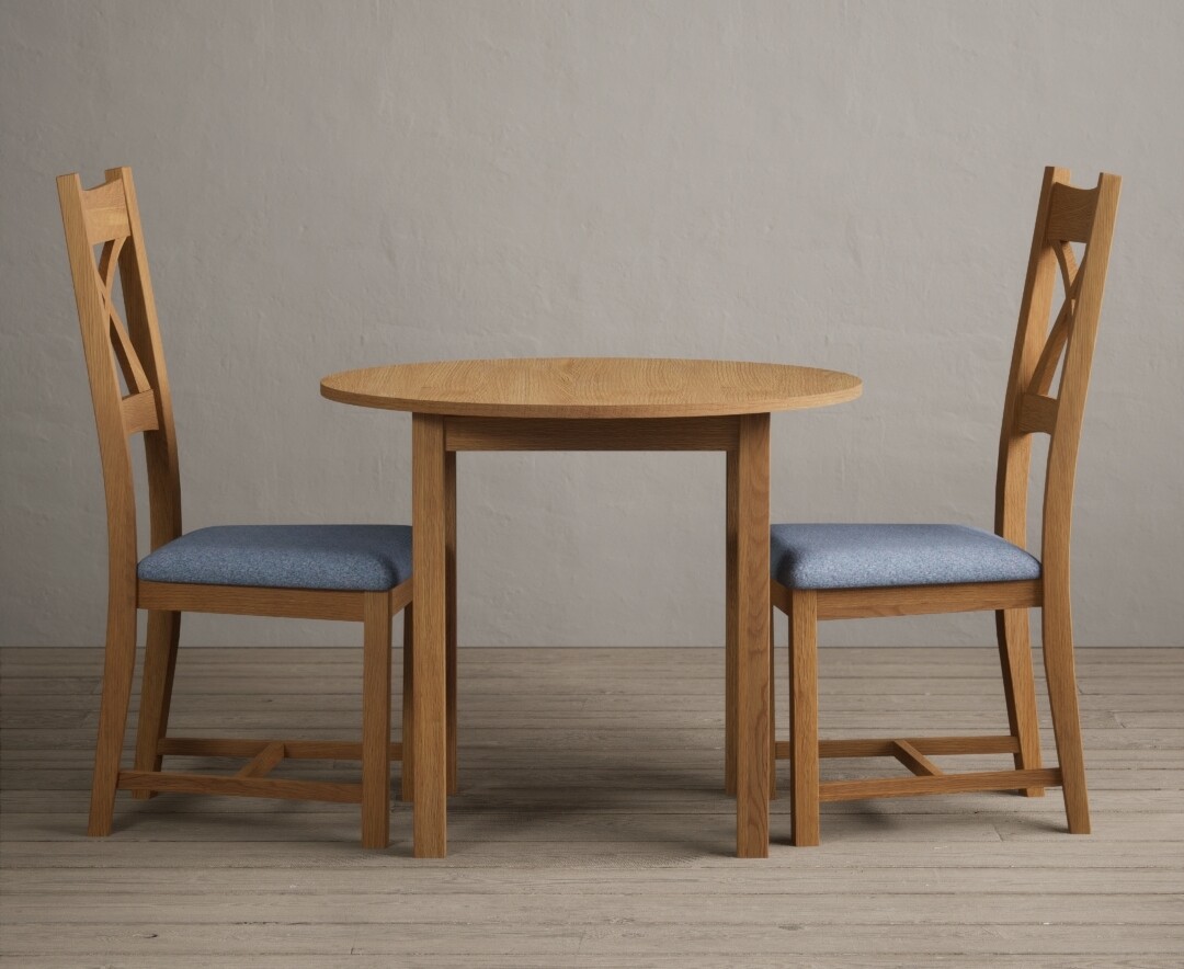 Extending York 90cm Solid Oak Dining Table With 2 Blue X Back Chairs Extending York 90cm Solid Oak Dining Table With 2 Blue X Back Chairs