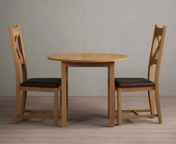 Extending York 90cm Solid Oak Dining Table With 2 Light Grey X Back Chairs