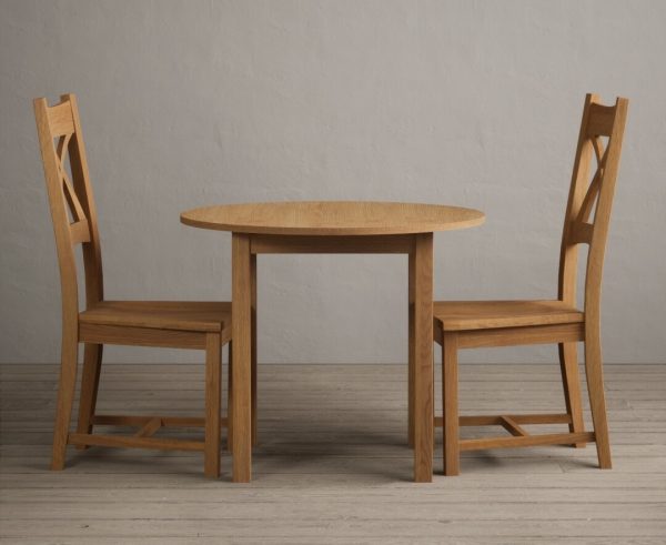 Extending York 90cm Solid Oak Dining Table With 2 Light Grey X Back Chairs