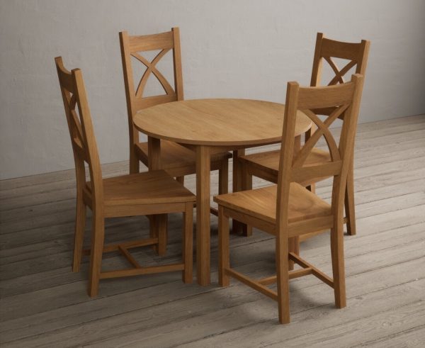 Extending York 90cm Solid Oak Dining Table With 4 Blue X Back Chairs