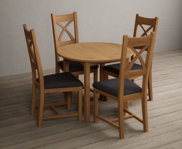 Extending York 90cm Solid Oak Dining Table With 4 Charcoal Grey X Back Chairs