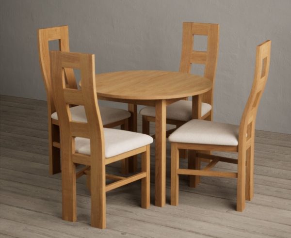 Extending York 90cm Solid Oak Dining Table With 4 Light Grey Flow Back Chairs