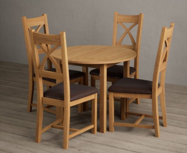 Extending York 90cm Solid Oak Dining Table With 4 Light Grey X Back Chairs