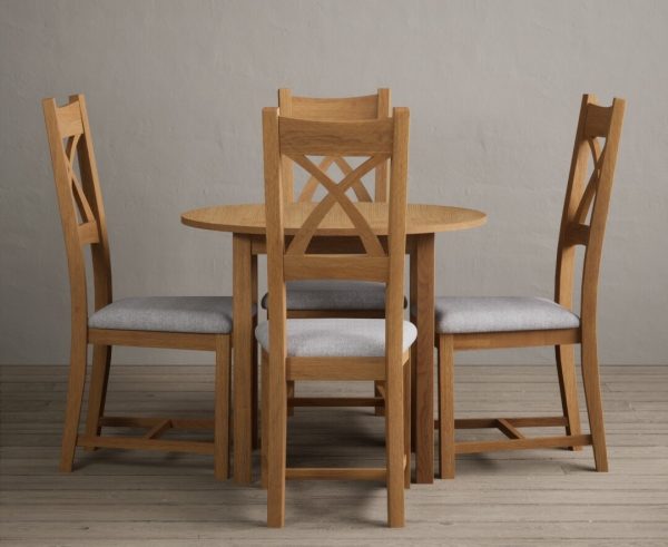 Extending York 90cm Solid Oak Dining Table With 4 Light Grey X Back Chairs