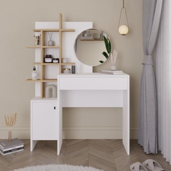 Flores Wooden Dressing Table 1 Door 1 Drawer In White And Oak Flores Wooden Dressing Table 1 Door 1 Drawer In White And Oak