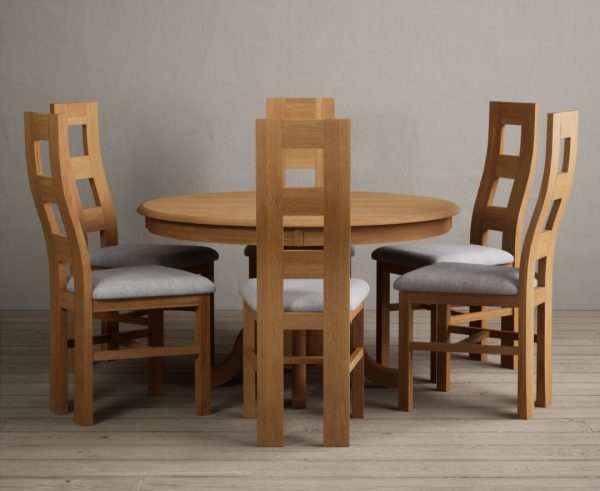 Hertford 120cm Fixed Top Solid Oak Round Pedestal Table With 4 Light Grey Flow Back Chairs