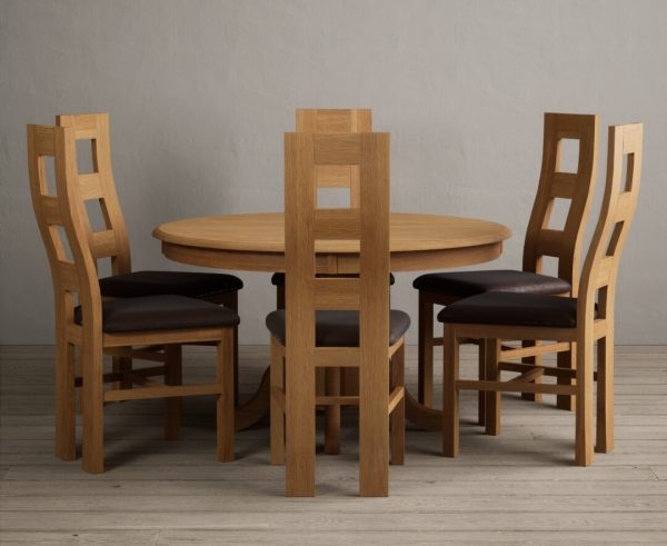 Hertford 120cm Fixed Top Solid Oak Round Pedestal Table With 4 Light Grey Flow Back Chairs