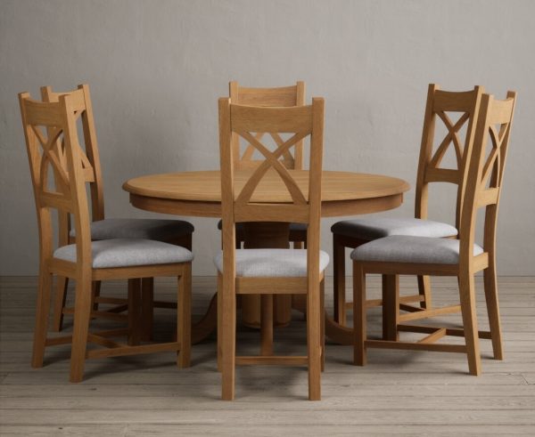 Hertford 120cm Fixed Top Solid Oak Round Pedestal Table With 4 Light Grey X Back Chairs